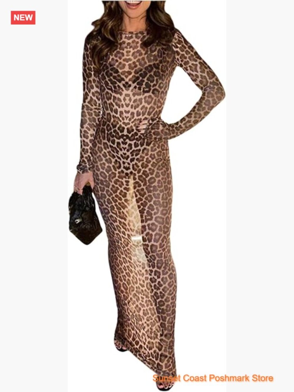 Cheetah Print Boho Maxi Dress Long Sleeve Sheer Mesh Sexy Cocktail Wedding Long